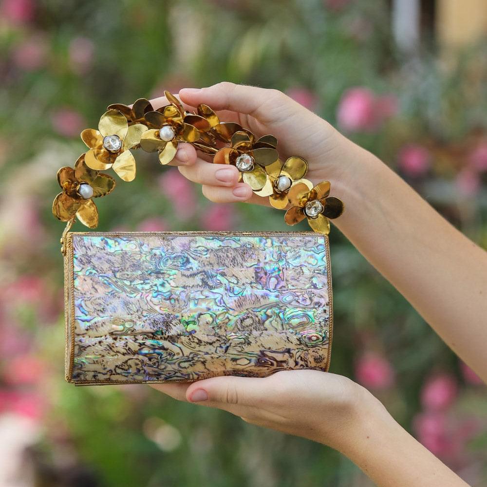 Flower Beauty Clutch - Women's bridesmaids clutch bag in gold and embellishments