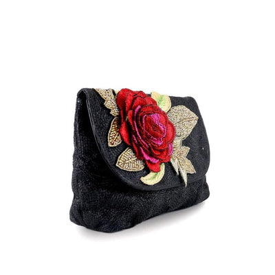 3D Rose Red Clutch - Women's clutch bag in black and gold